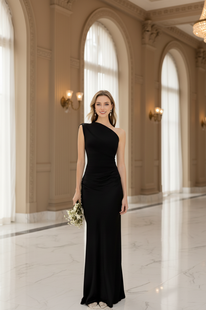 One-Shoulder Satin Evening Dress – Slant Neck Ruched Maxi Gown