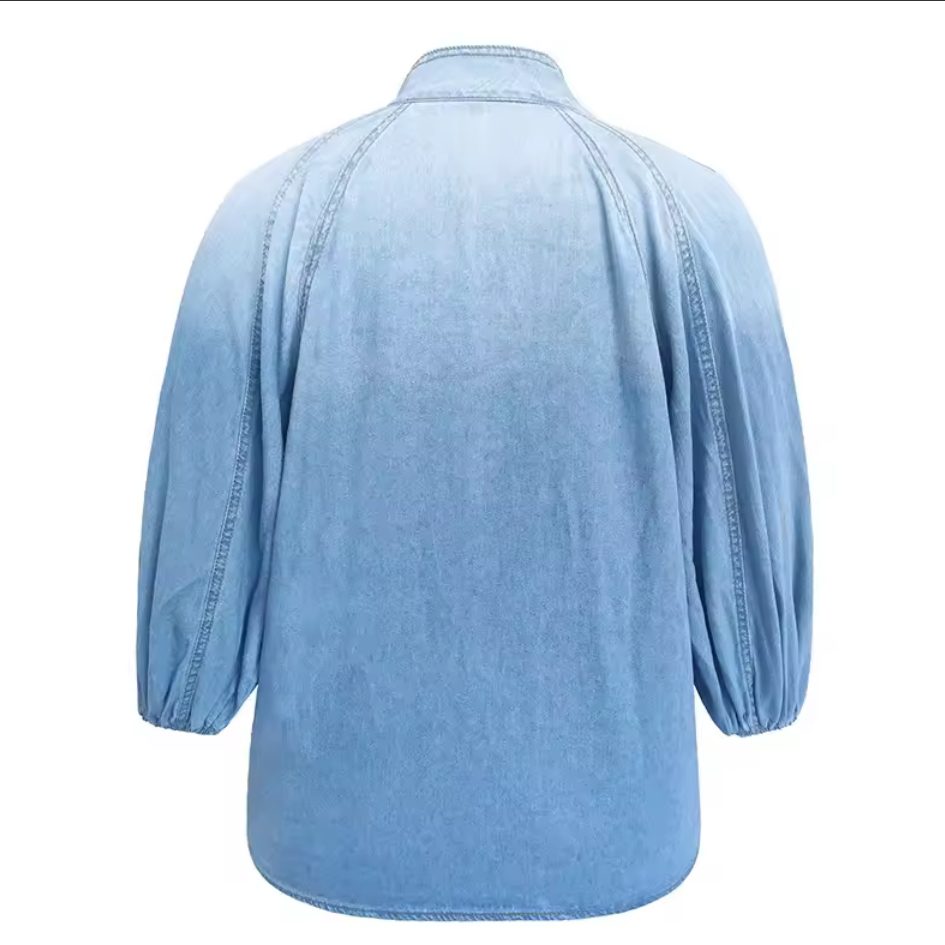 Women’s Lightweight Denim Bow-Tie Blouse – Puff Bubble Sleeves – High Collar Casual Chic Top