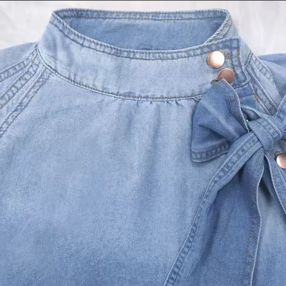 Women’s Lightweight Denim Bow-Tie Blouse – Puff Bubble Sleeves – High Collar Casual Chic Top
