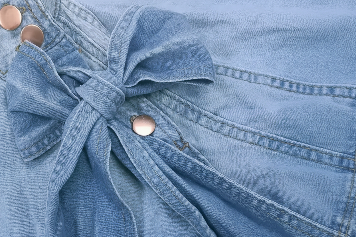 Women’s Lightweight Denim Bow-Tie Blouse – Puff Bubble Sleeves – High Collar Casual Chic Top