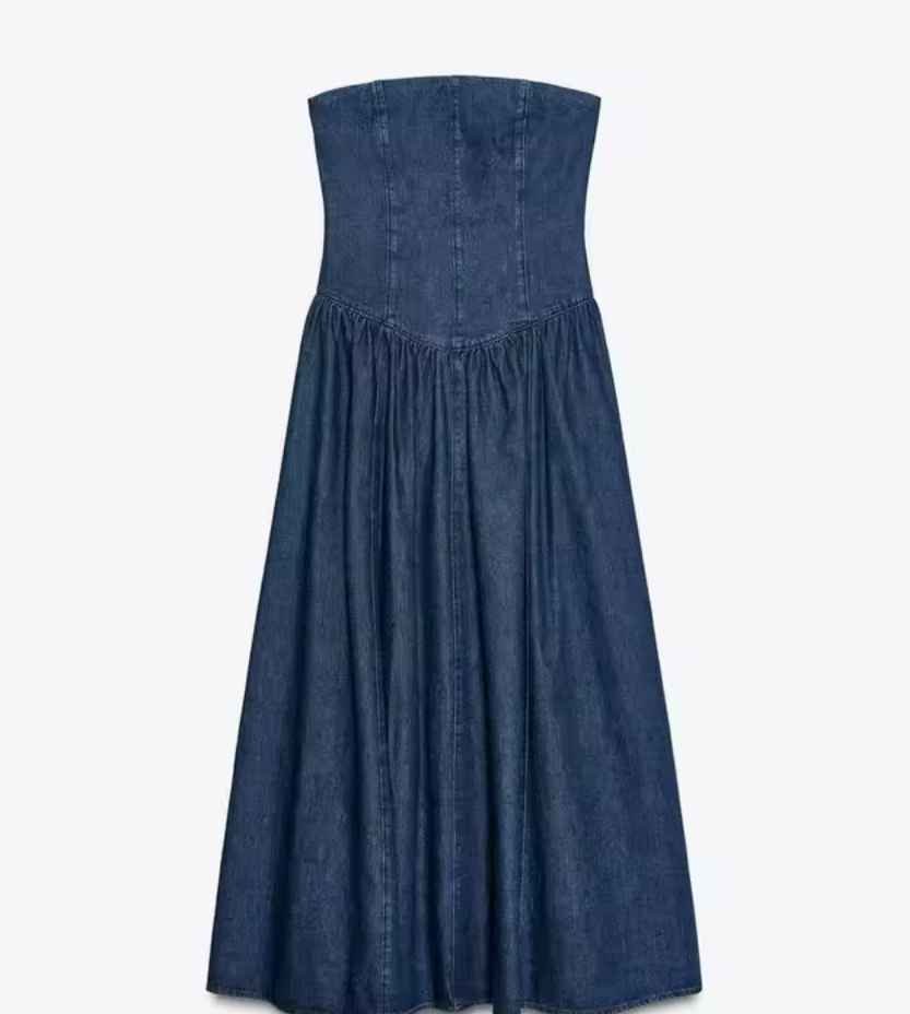 Women’s Deep Blue Strapless Denim-Look Midi Dress – Cinched Waist A-Line