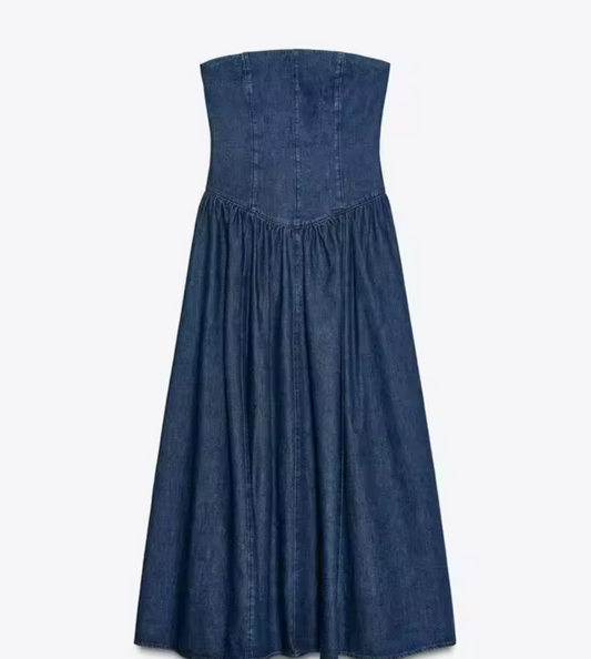 Women’s Deep Blue Strapless Denim-Look Midi Dress – Cinched Waist A-Line