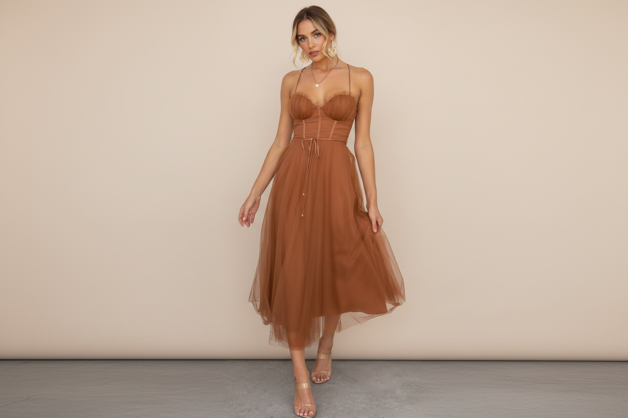 Luxury Mesh Corset Midi Dress - Spaghetti Strap A-Line Tulle Gown - Evening & Party Wear