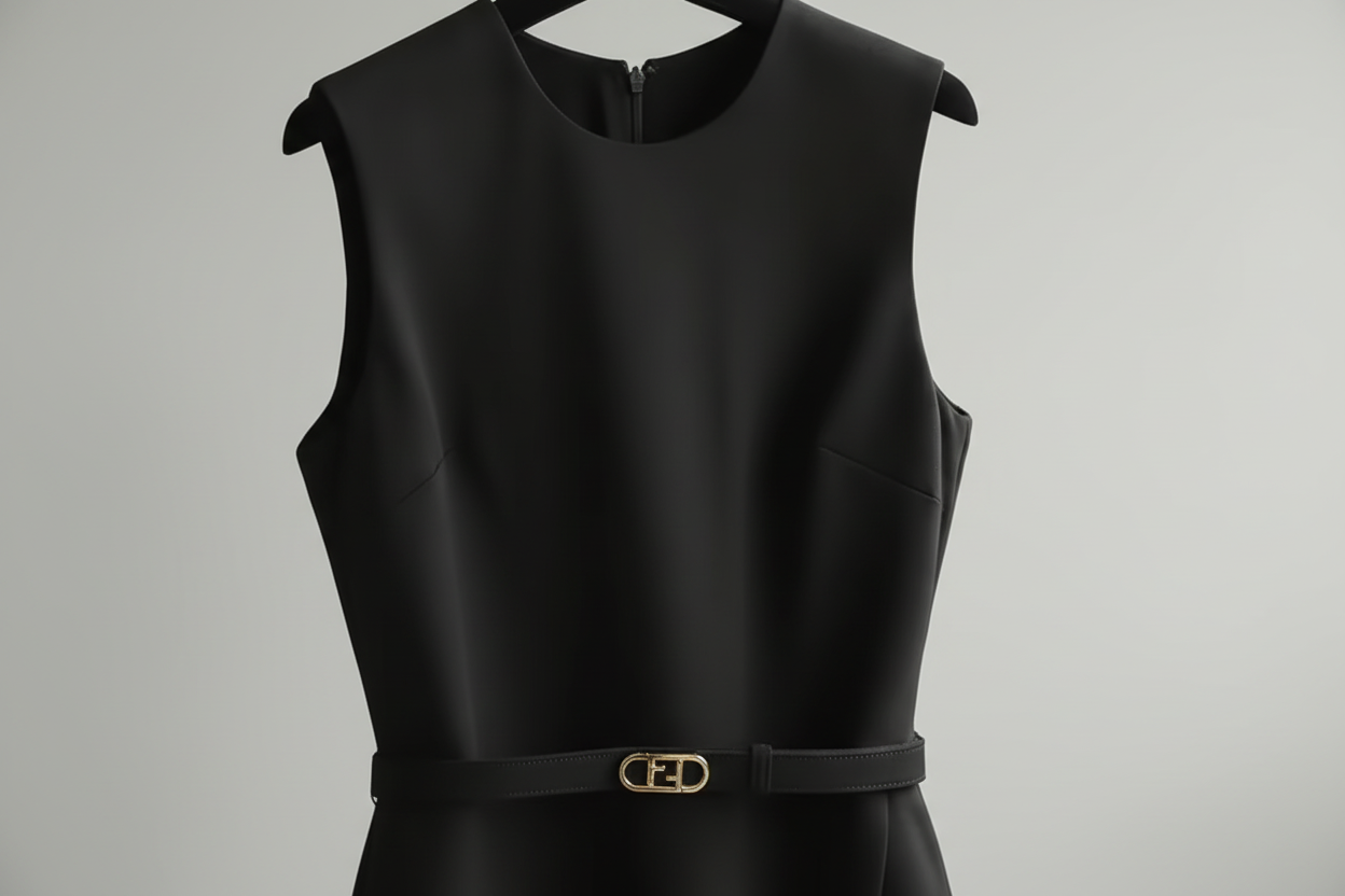 Black Structured Midi Belted Dress – Sleeveless Elegant Slim Fit
