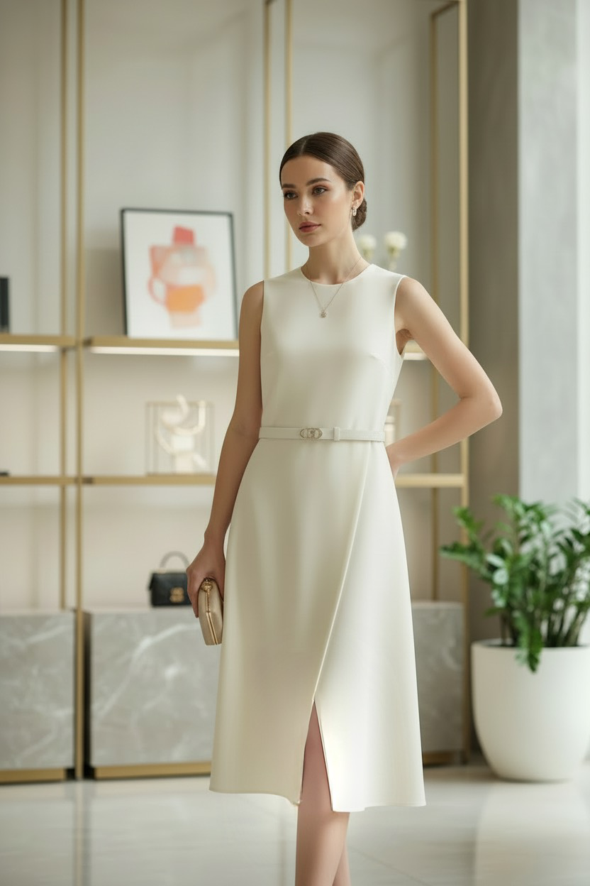 Black Structured Midi Belted Dress – Sleeveless Elegant Slim Fit