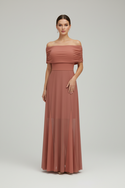 Off-Shoulder Mesh Splice Maxi Dress | Curve | L’LUXE Dresses