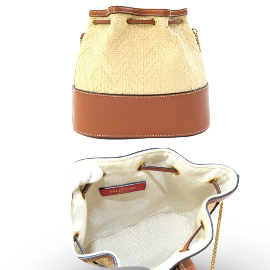 Valentino Garavani V Logo Raffia Bucket Bag Leather Trim Previously Owned Authentic