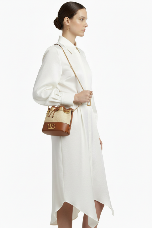 Valentino Garavani V Logo Raffia Bucket Bag Leather Trim Brown – Very Good Condition | L’LUXE Authentic’s