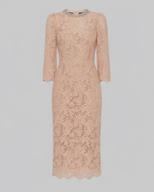 Crystal-Embellished Neckline Lace Midi Dress| L’LUXE Dresses