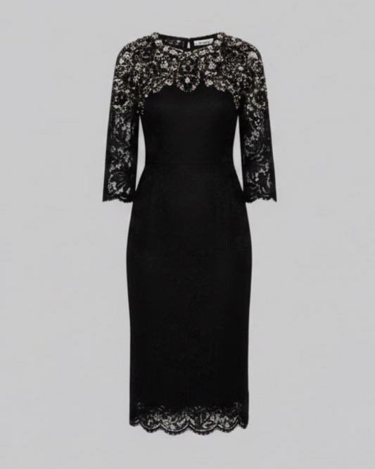 Crystal-Embellished Neckline Lace Midi Dress| L’LUXE Dresses