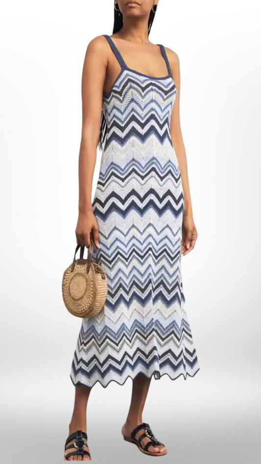 Chevron Knit Maxi Dress - Blue/White Zigzag - Summer
Resort Wear