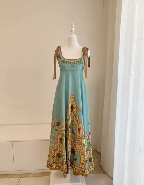 Blue Persian Rose Garden Linen Strap Maxi Dress