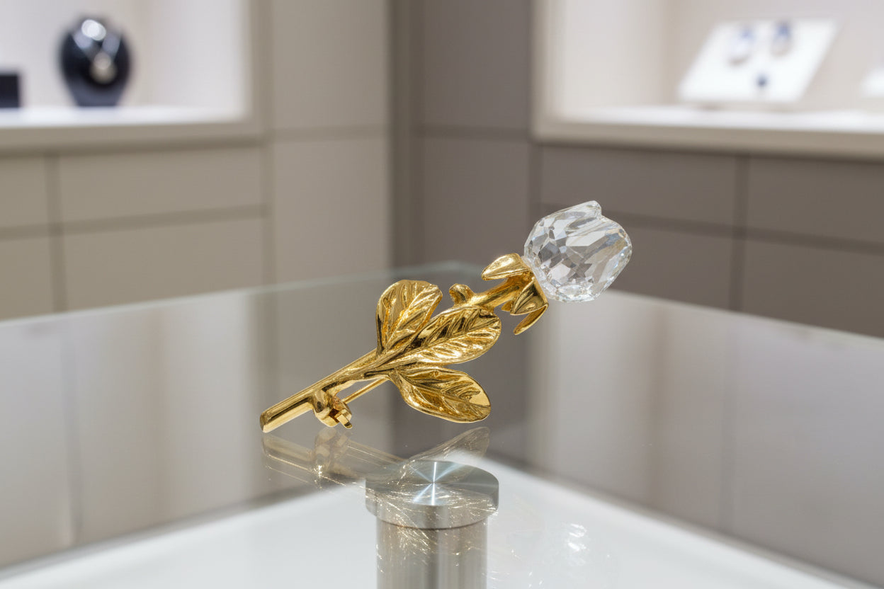 Swarovski Crystal Rose Brooch – Gold-Plated Vintage-Inspired Floral Pin – 100% Authentic Previously Owned