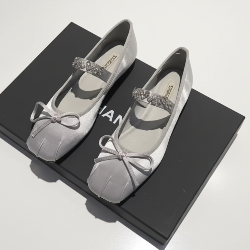 Crystal Embellished Square Toe Ballet Flats