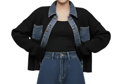 Women’s Denim Patchwork Knit Cardigan Jacket – Cropped Loose Fit –