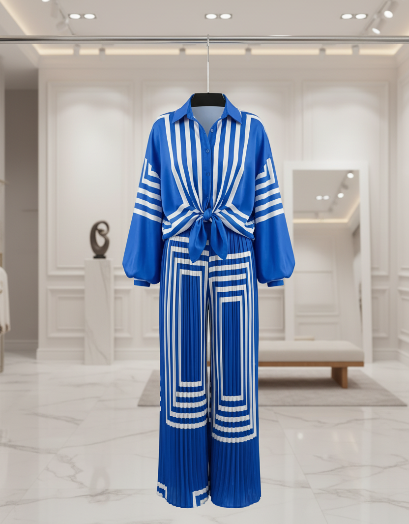 Blue Striped Shirt & Wide-Leg Pleated Pants Set *Last Chance* Shops in 1-2 days