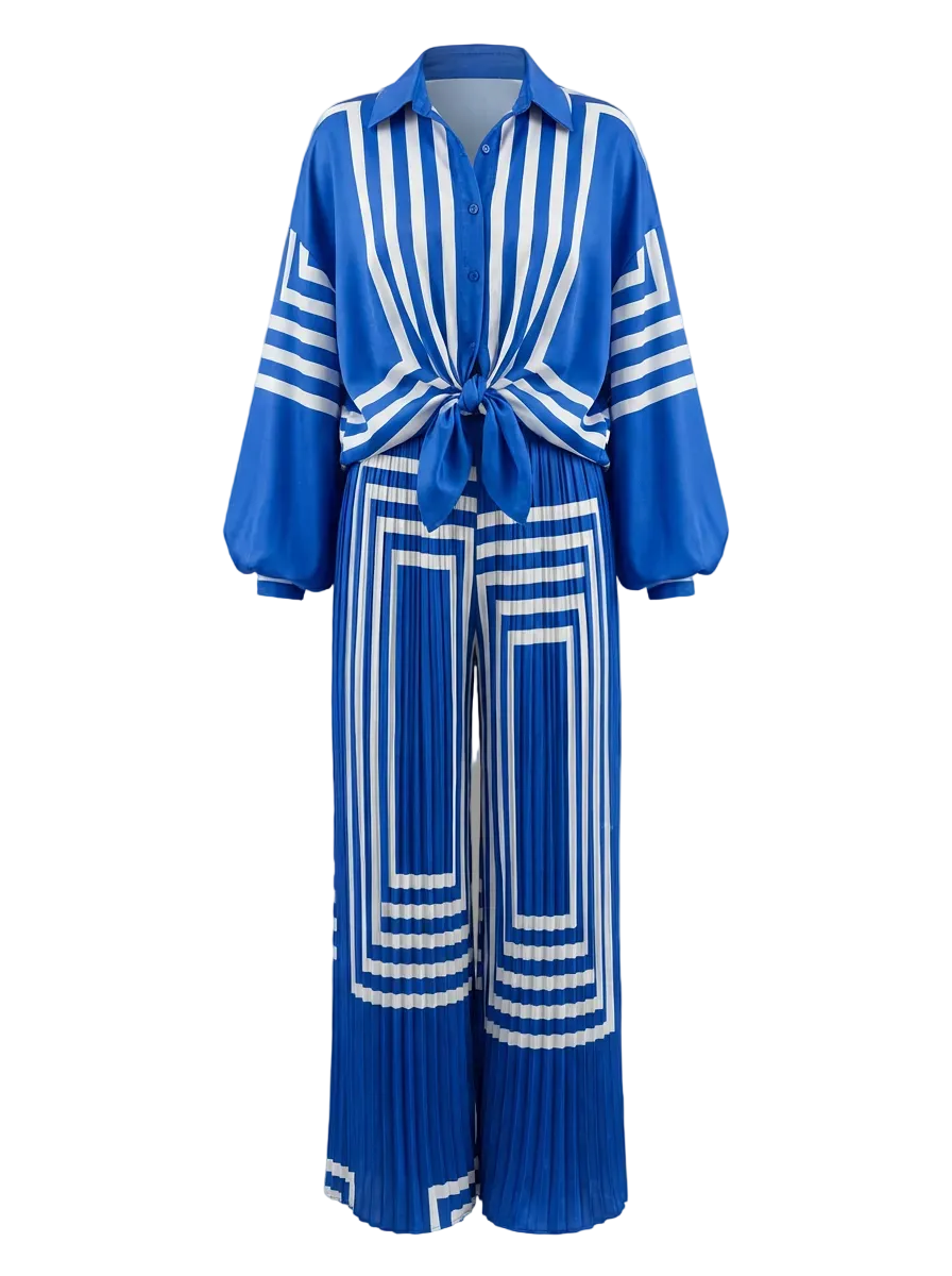 Blue Striped Two-Piece Set – Relaxed Shirt & Wide-Leg Pleated Pants
