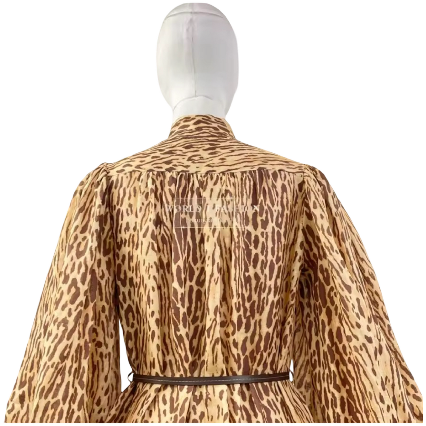 Women’s Puff Sleeve Fit Brown Leopard Print Long Sleeve Mini Dress - Beltedn