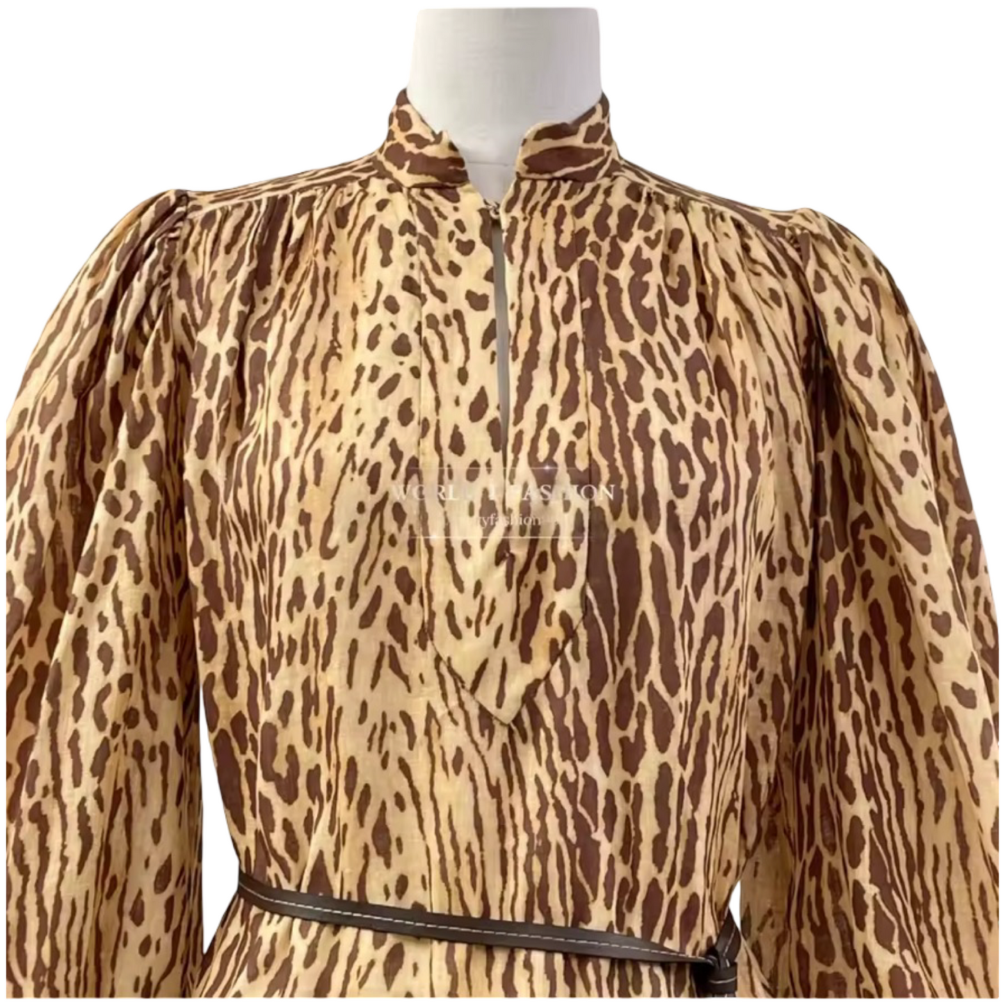 Women’s Puff Sleeve Fit Brown Leopard Print Long Sleeve Mini Dress - Beltedn