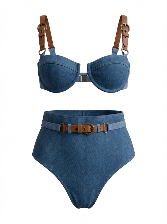 Luxury Denim-Effect Corset Bikini Set | High-Waist Belted Swimsuit | Beachwear 2026