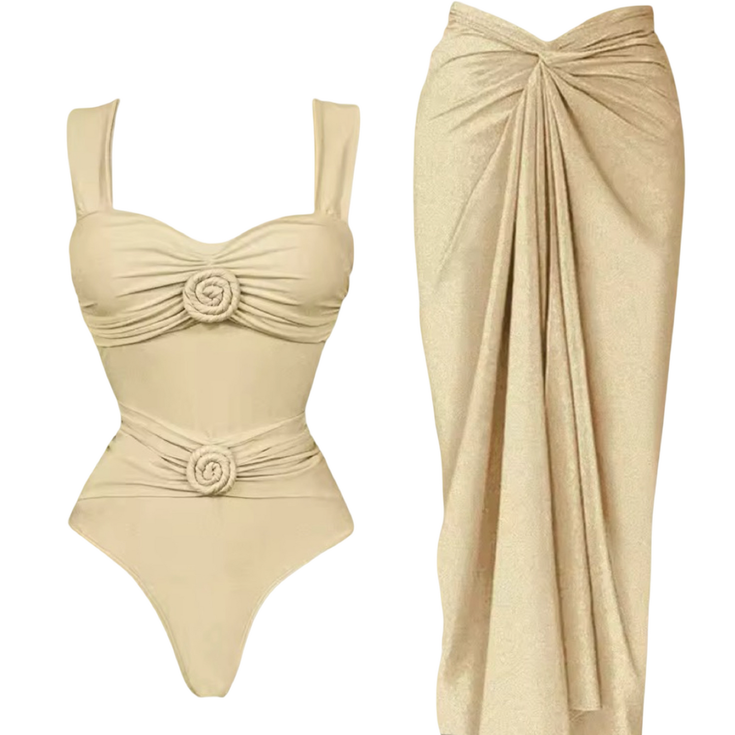 Flower One-Piece Swimsuit with Sarong – Push-Up Deep V Women’s Swimwear Set