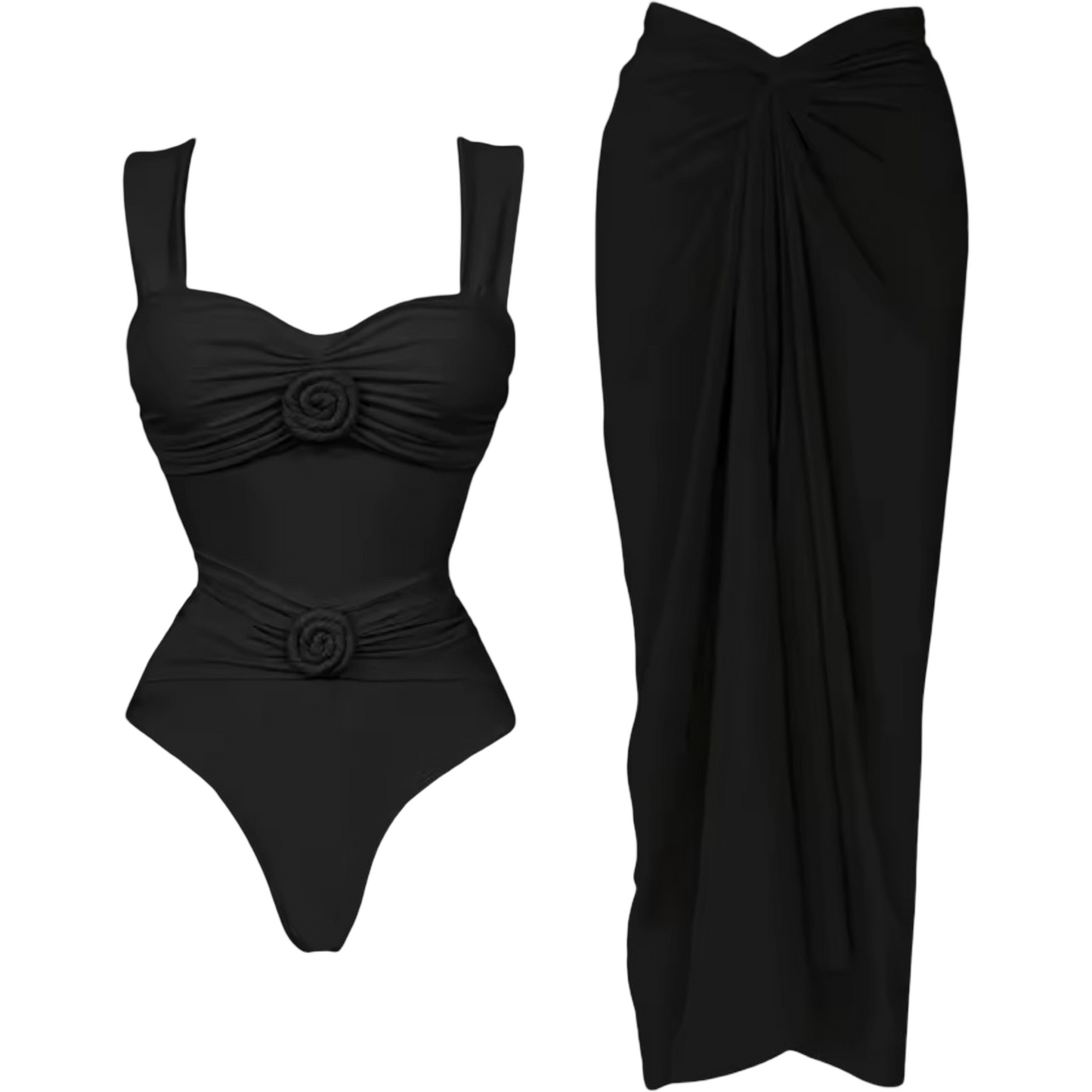 Flower One-Piece Swimsuit with Sarong – Push-Up Deep V Women’s Swimwear Set