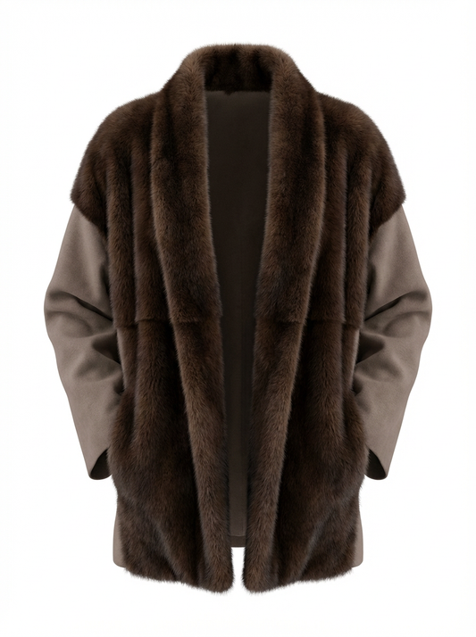 Faux Fur Patchwork Wool-Blend Belted Jacket