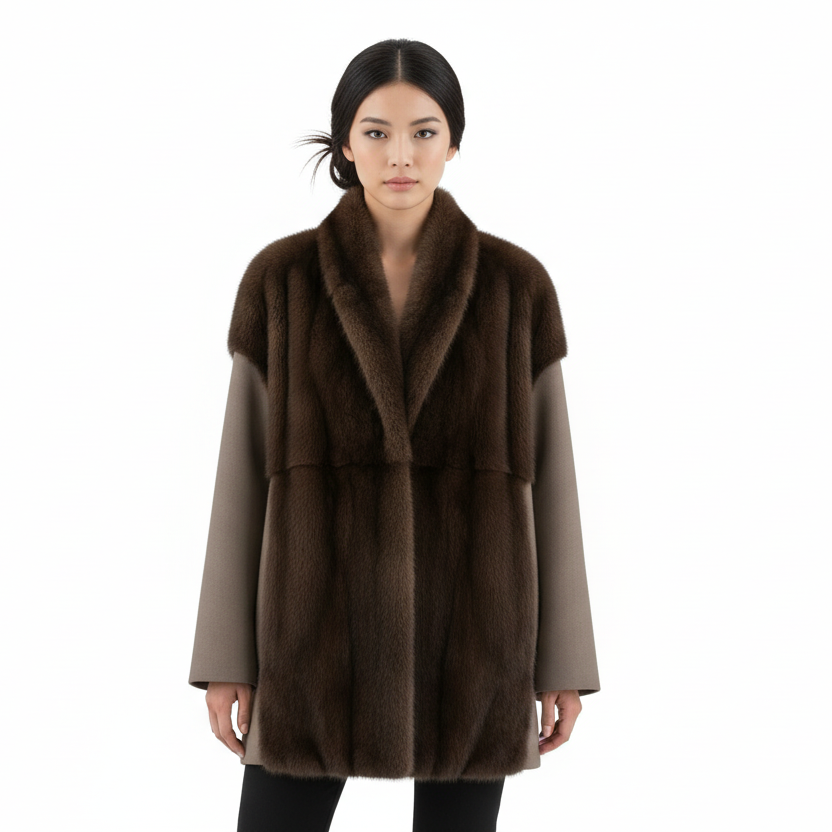 Faux Fur Patchwork Wool-Blend Belted Jacket