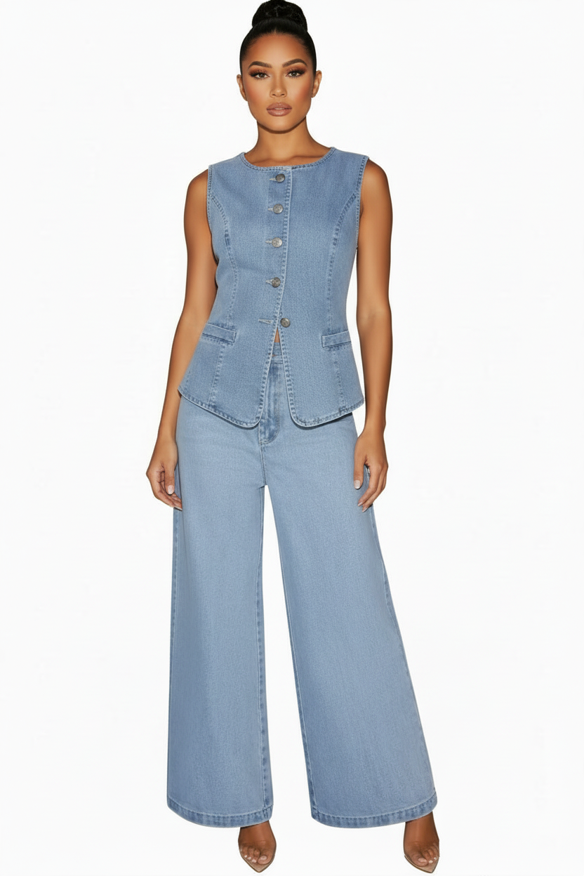 Denim-Look Vest & Wide-Leg Pants Set for Women | Structured Fit |