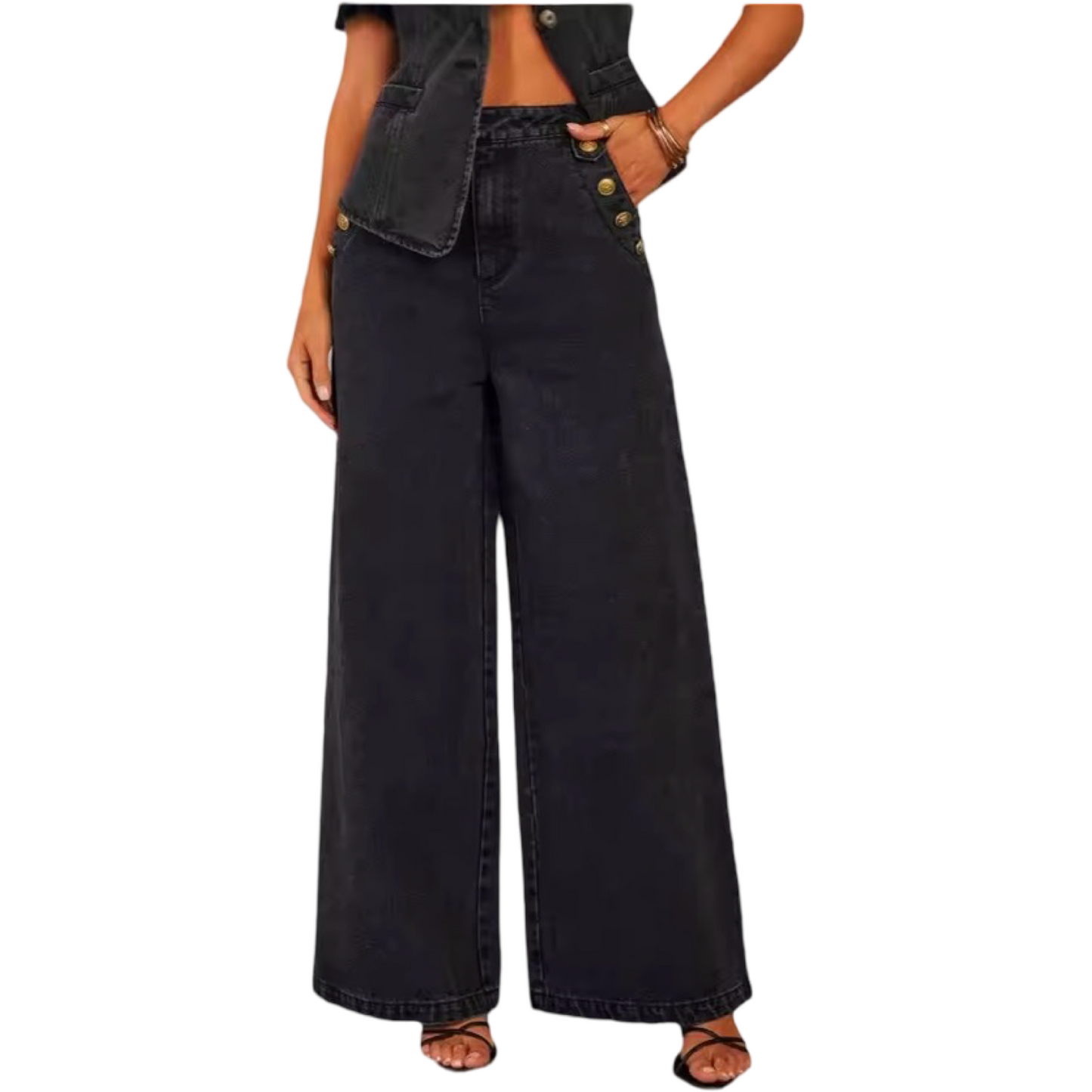 Denim-Look Vest & Wide-Leg Pants Set for Women | Structured Fit |