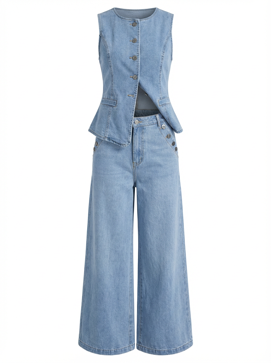 Denim-Look Vest & Wide-Leg Pants Set for Women | Structured Fit |