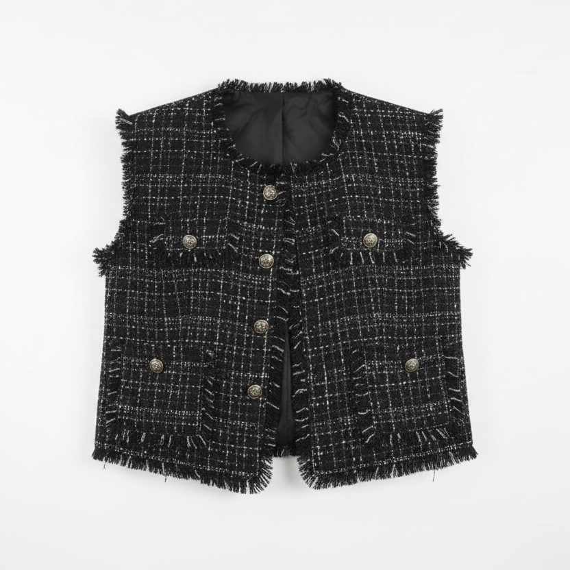 Elegant Tweed Vest Jacket for Women | Elegant Sleeveless Black Waistcoat | Autumn–Winter Chic
