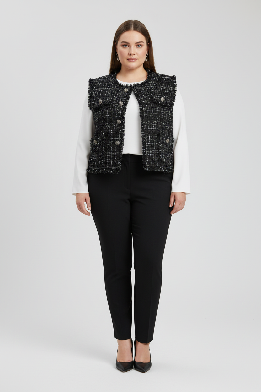 Elegant Tweed Vest Jacket for Women | Elegant Sleeveless Black Waistcoat | Autumn–Winter Chic