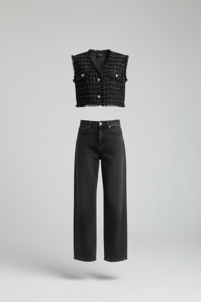 Elegant Tweed Vest Jacket for Women | Elegant Sleeveless Black Waistcoat | Autumn–Winter Chic