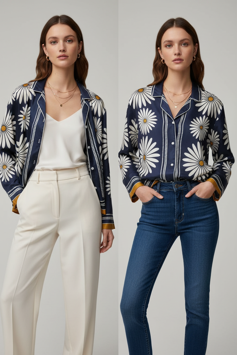 Daisy Print Cropped Blouse in Navy Floral – Loose Fit Long Sleeve Shirt