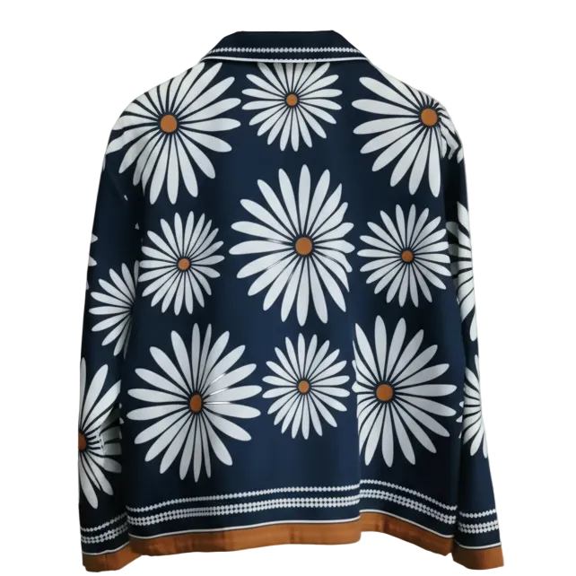 Daisy Print Cropped Blouse in Navy Floral – Loose Fit Long Sleeve Shirt