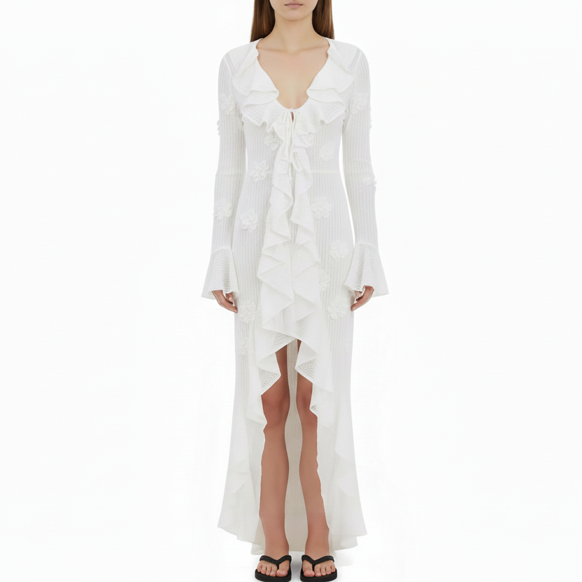 White Ruffle Knit Maxi Cover-Up