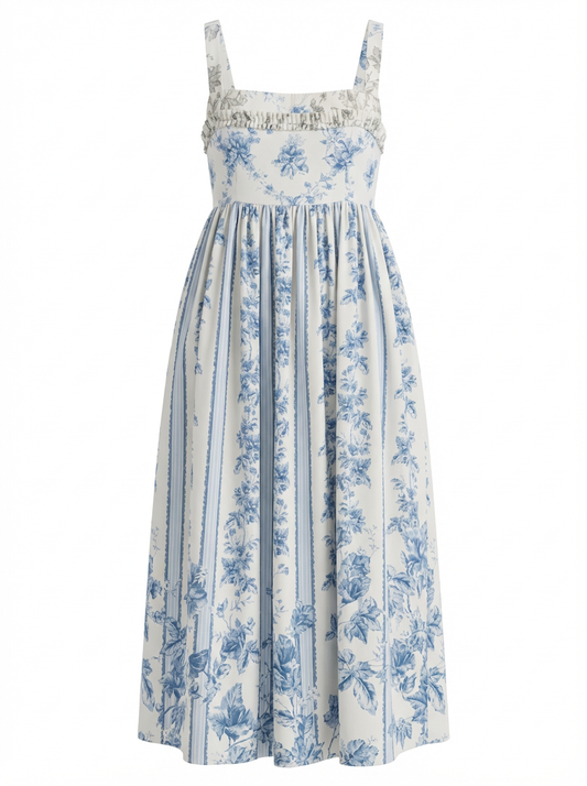 Light Blue Floral Midi Dress with Pearl Detail | L’LUXE Luxury Edit