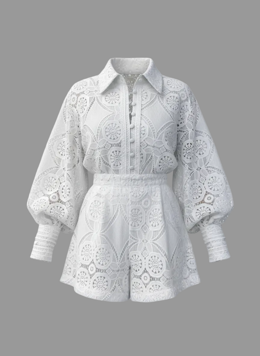 White Lace Embroidered Short Balloon-Sleeve Romper | L’LUXE Jumpsuits