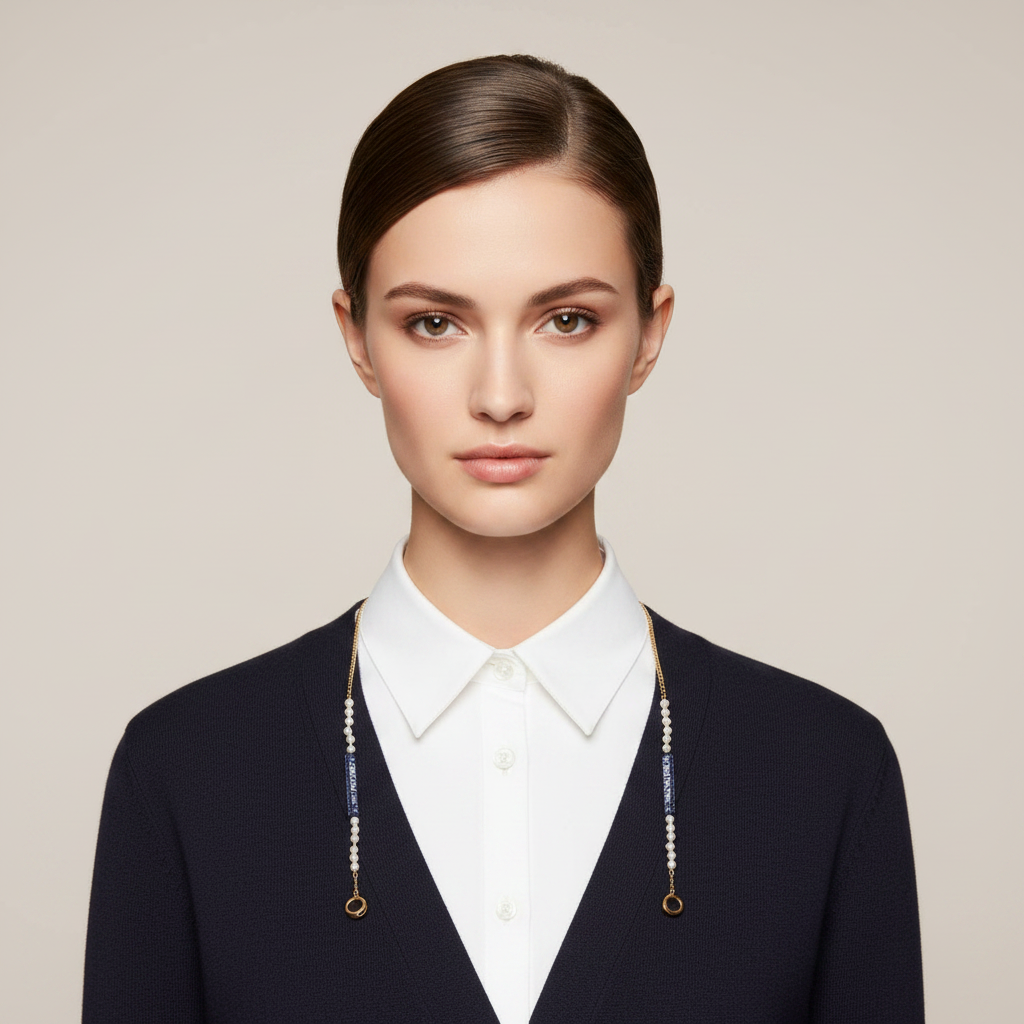 Dior Vibe AirPods Holder Chain Strap Navy Gold Faux Pearl Authentic Previously Owned