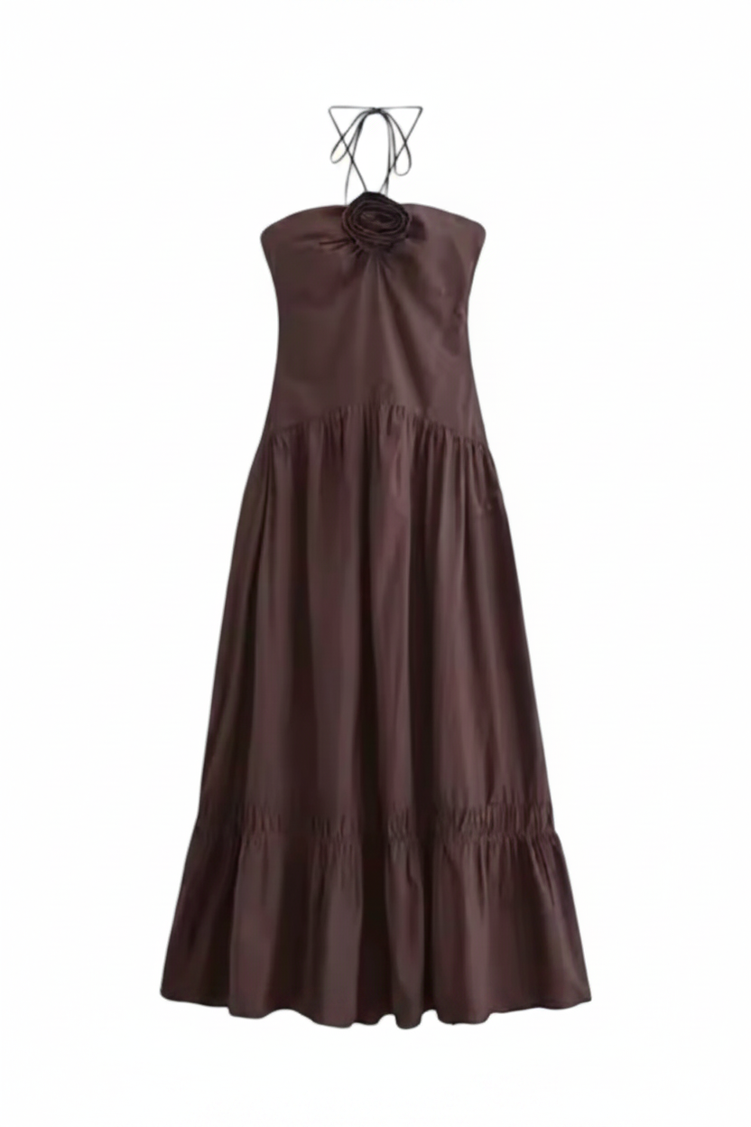 Brown Halter Rosette Smocked Maxi Dress