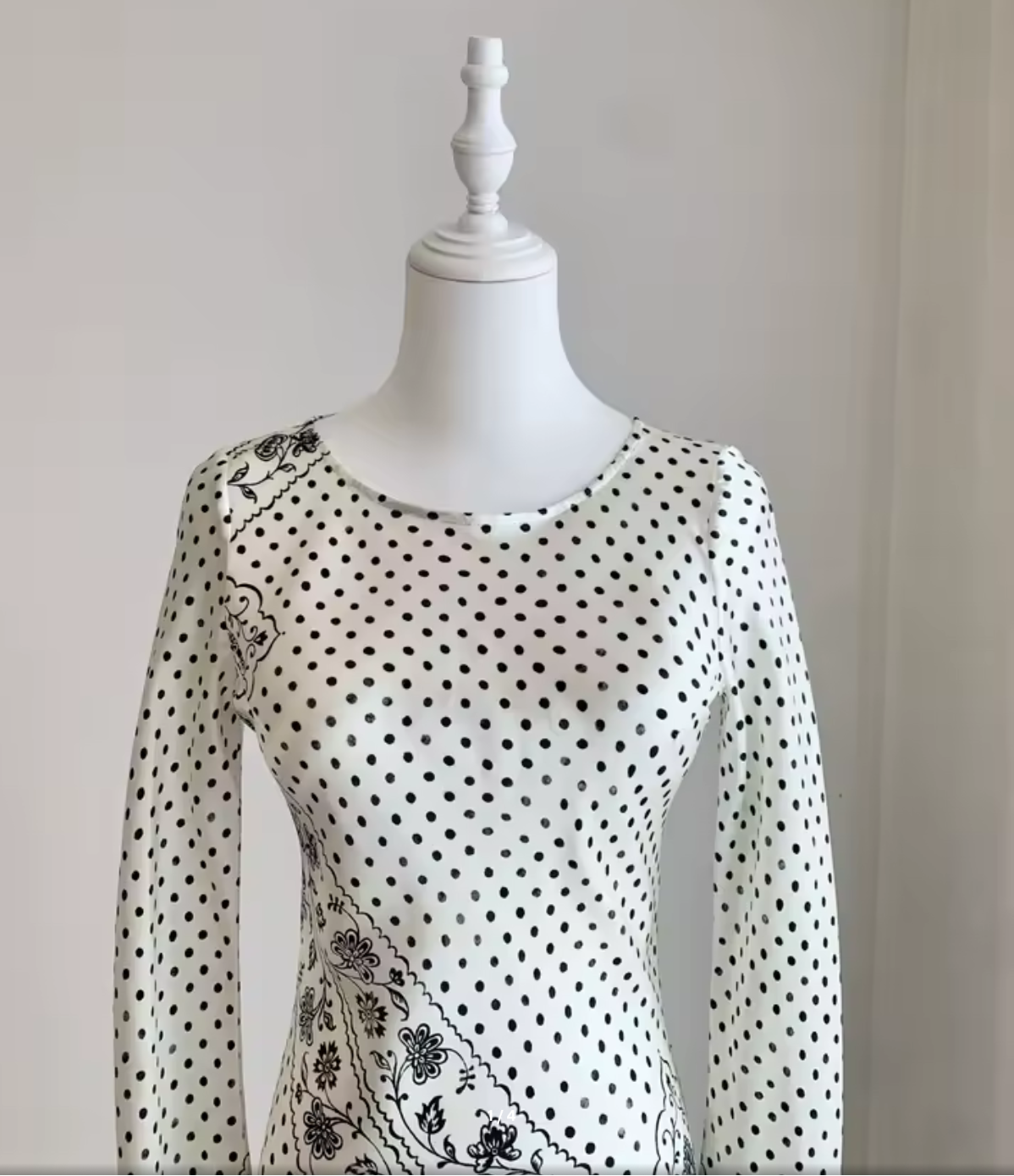 Beige Silk Polka Dot Maxi Dress – Boat Neck Long Sleeve Bias Cut Gown