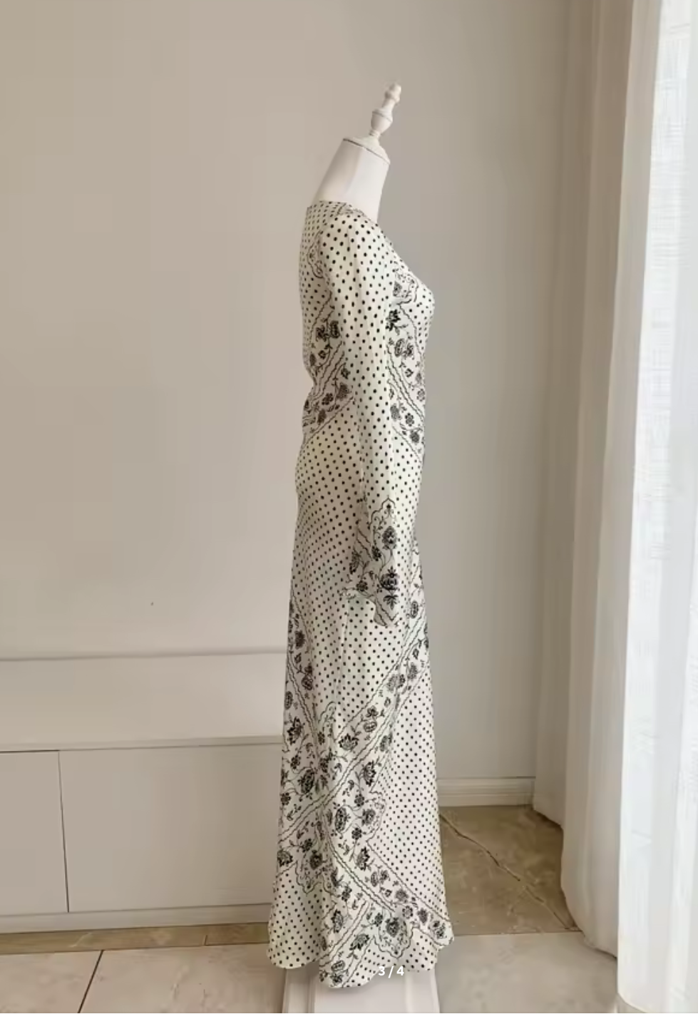 Beige Silk Polka Dot Maxi Dress – Boat Neck Long Sleeve Bias Cut Gown