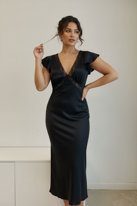 Silk V-Neck Bias Cut Midi Dress  | L’LUXE Dresses