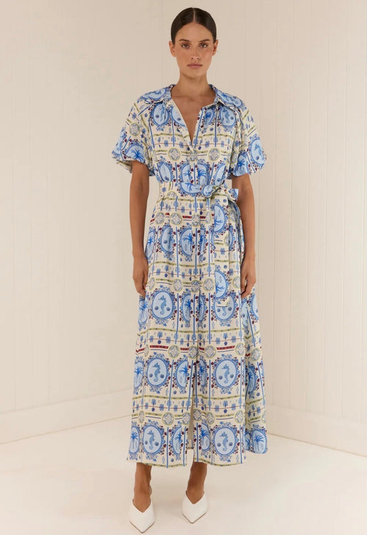 Blue Palm Print Linen Belted Midi Dress |L’LUXE Luxury Edit