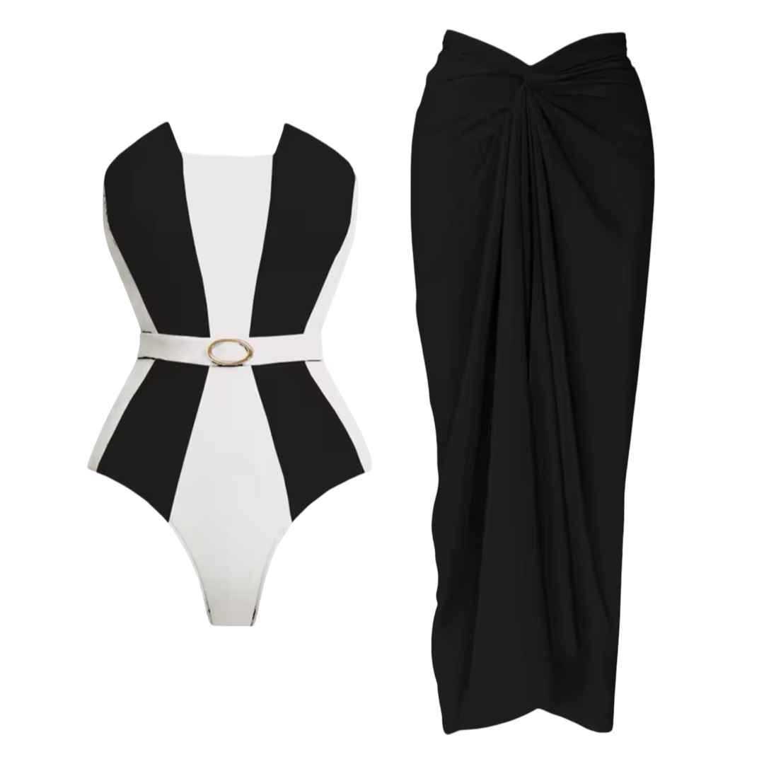 Black & White Belted One-Piece Swimsuit + Optional Sarong Set | Sculpting Patchwork Swimwear