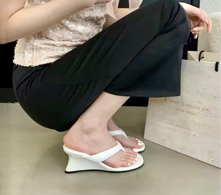 Wedge heel thong slides