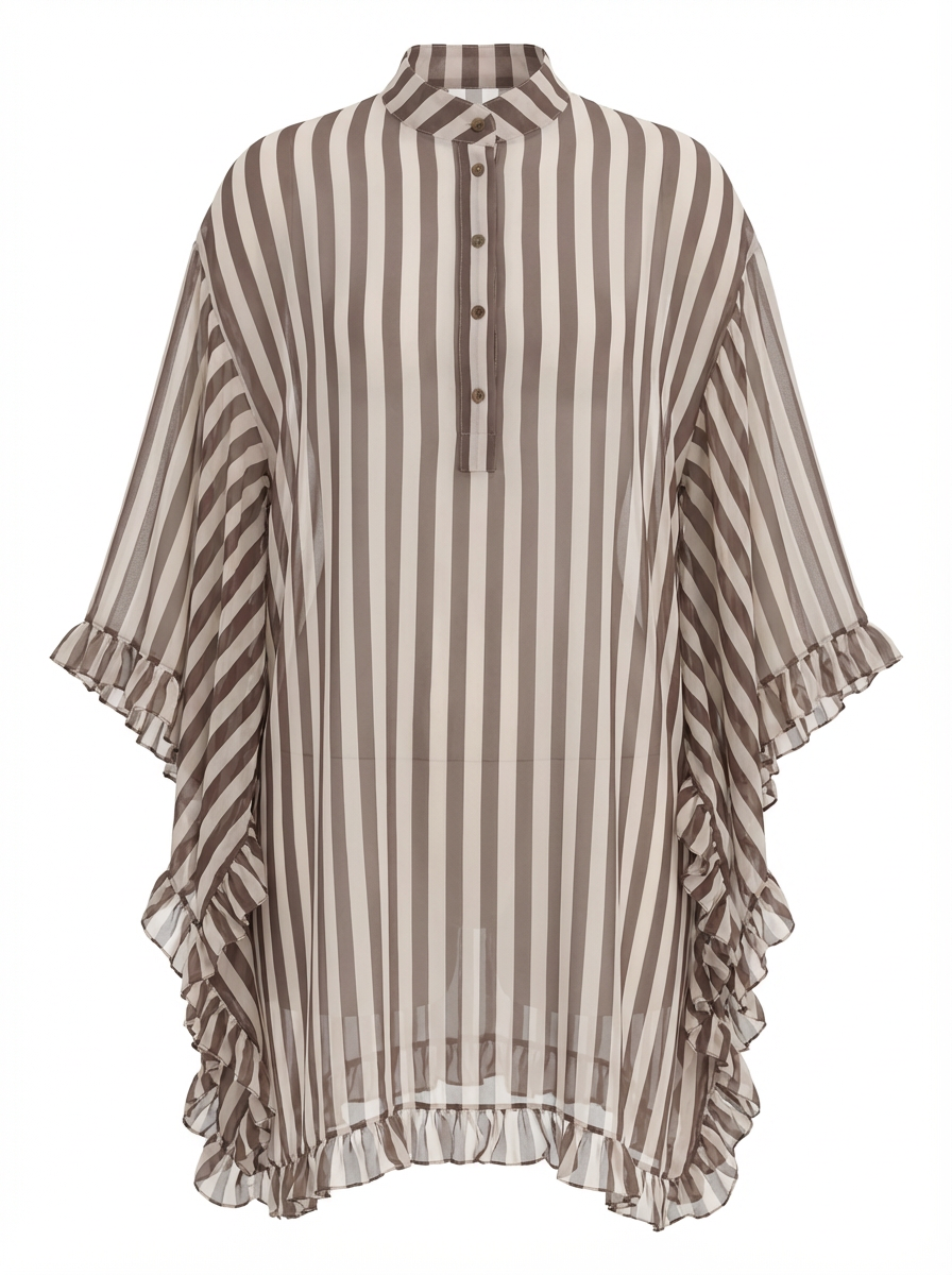 Brown Striped Chiffon Kaftan Set | Ruffle Tunic & Wide-Leg Pants | 3-Piece Option