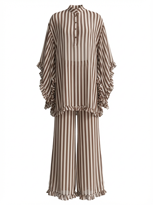 Brown Striped Chiffon Kaftan Set | Ruffle Tunic & Wide-Leg Pants | 3-Piece Option