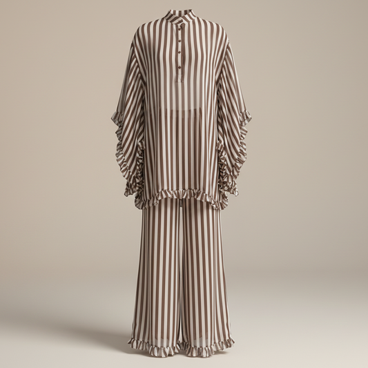 Striped Ruffle Blouse & Wide-Leg Brown Pants Set | L’LUXE Luxury Edit